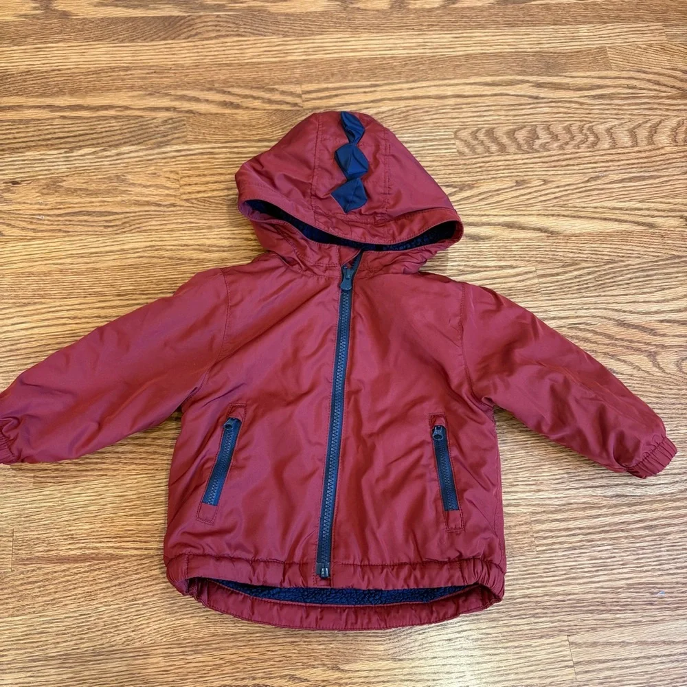 Baby Gap Deep Red Boy‎ Fleece Lined Jacket Dinosaur Spike 12-18 size